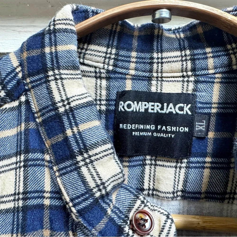 Men's ROMPERJACK short sleeved romper, jumpsuit, blue plaid flannel, size XL